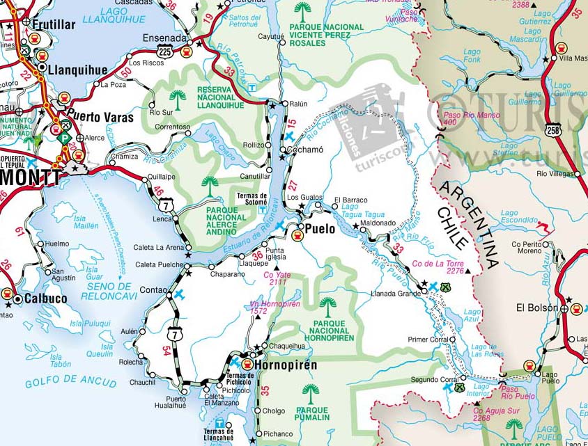 Mapa carretero de Turistel, en donde se aprecia la comuna de Cochamó y sus accesos camineros. www.turistel.cl